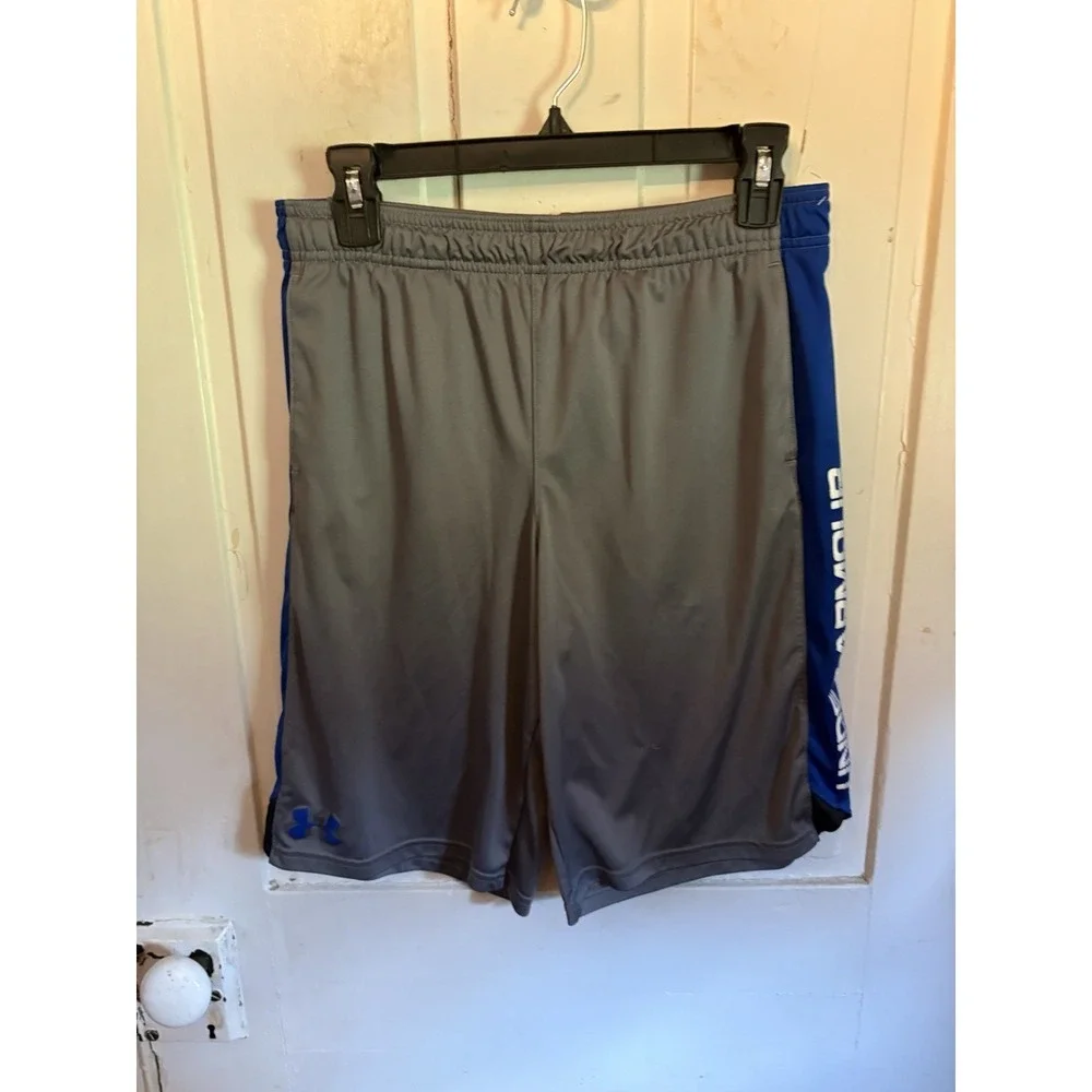 Under Armour Gray Blue Athletic Shorts Youth XL Loose HeatGear Basketball Gym
